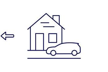 Icon drawing of a car in front of house with arrow pointing away